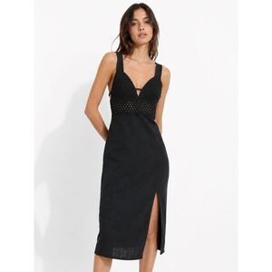 H&M NEW Linen Blend Eyelet Midi Dress Black Old Money Lace Size M Boho Chic Goth